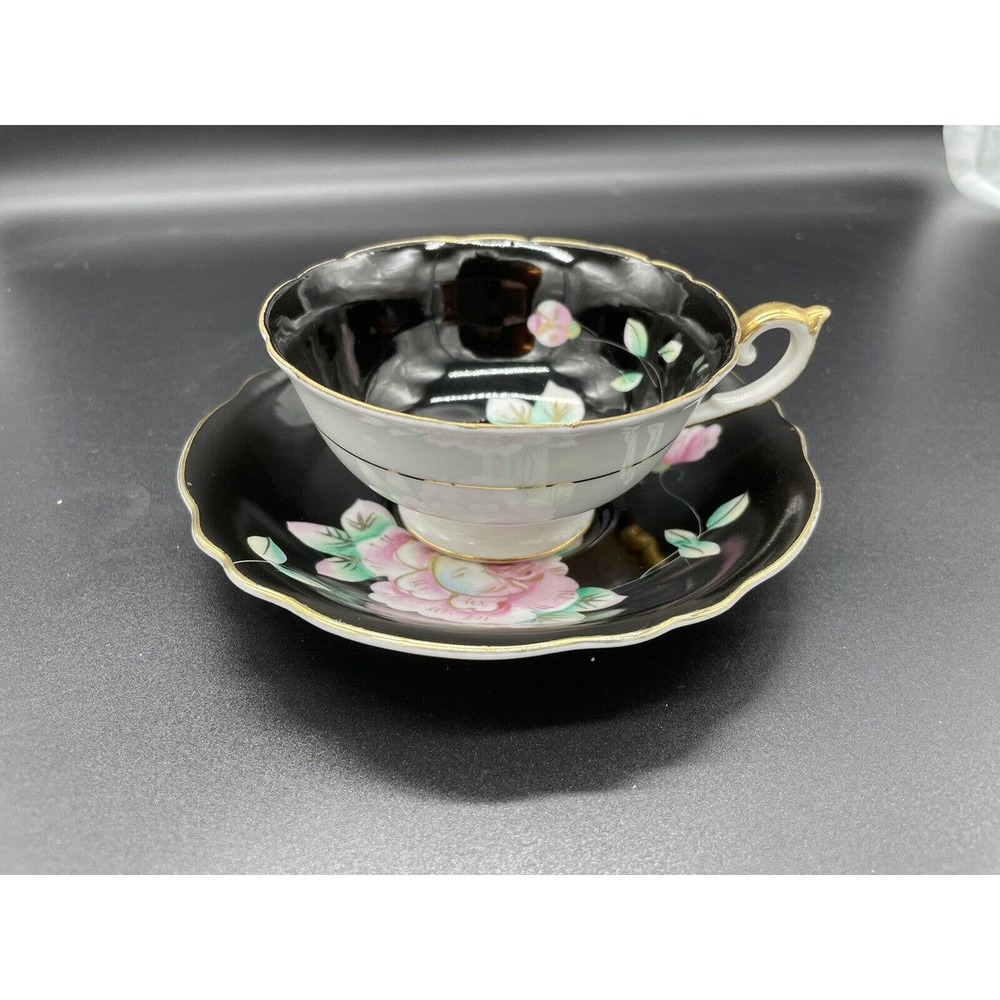 Regina Bone China Floral Rose Black & Pink Tea Cup & Saucer Occupied Japan 1950s